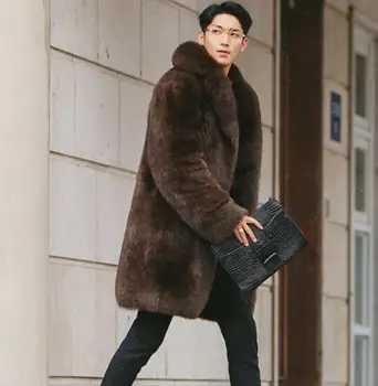 Jeseň hnedé faux noriek kožená bunda mens Stredná dĺžka oblečenie v zime teplé kožušiny, kožené zákopy srsti mužov voľné bundy móda