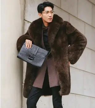 Jeseň hnedé faux noriek kožená bunda mens Stredná dĺžka oblečenie v zime teplé kožušiny, kožené zákopy srsti mužov voľné bundy móda