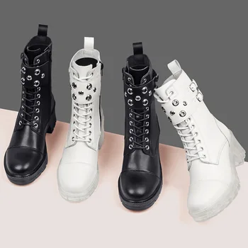 Jeseň Krátke Topánky, Ženy Kožené Bežné Nit Dizajn Silné Päty Práce dámske Topánky 2020 Nové Módne Biele dámske Kožené Čižmy