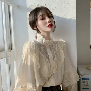Jeseň Kórejský Sladké Voľné Oblečenie Čipky Rozstrapatené Ženy Blúzky Módne Stojan Collat Dámy Topy Vintage Čipky Košele Ženy 11335