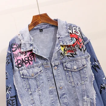 Jeseň Nové Módne Denim Kabát Ženy Harajuku Graffiti Vytlačiť Opotrebované Dlhý Rukáv Denim Jacket Dievča Študentov Džínsy Coats Outwear