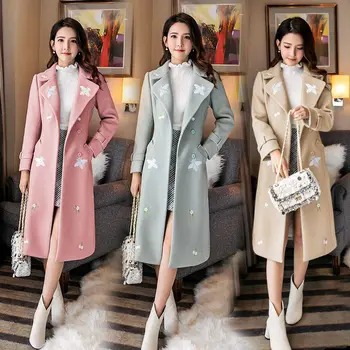 Jeseň Zima Elegantné Motýľ Výšivky Dlhé Vlny Spája Ženy Vintage Slim Office Kabát Žena Kórejský Belted Outwear