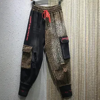 Jeseň zima nové osobnosti leopardí vzor farby zodpovedajúce veľké vrecká, elastický pás ženy nohy denim hárem nohavice
