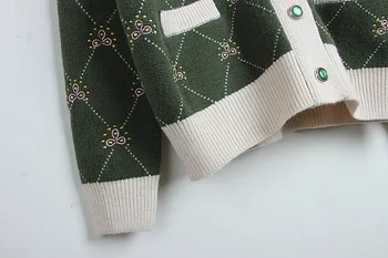 Jeseň Zima Nový Štýl Posádky Krku Zelené Kvetinové Výšivky Žien Knitwear Cardigan Kabát, Sveter kórejský štýl Nosenie Curren