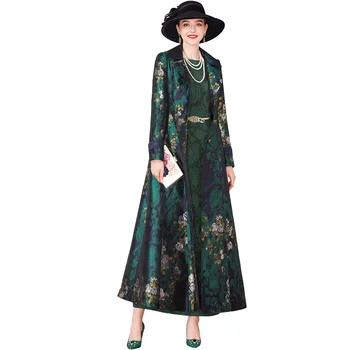 Jeseň Zima Žakárové Zákopy Srsti pre Ženy Vrecká Kvetinový Plus Veľkosť Luxusné Výkopu Ženy Singel svojim Dole Outwear DZ2188