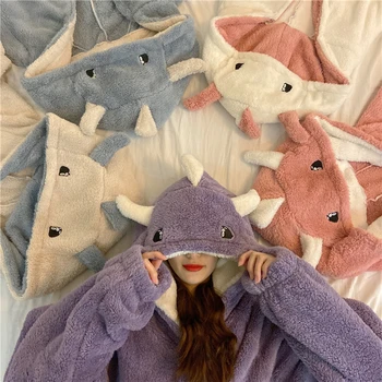 Jeseň Zima Ženy Cute Pyžamo Cartoon Uši Kapucňou Sleepwear Coral Fleece Lady Domáce Oblečenie Žien Sladké, Teplé Salónik Pyžamá