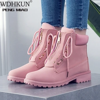 Jeseň Zima Ženy Topánky Trend Zips Deisgn PU Kožené Topánky Dámske Členkové Topánky Veľký-veľkosť 42 Pink Žena Boot botas mujer