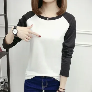 Jeseň Ženy T-tričko Dlhé rukávy Farbou kórejský Štýl Topy Kolo Krku Jednoduché, Bežné Plus Veľkosť T-shirt