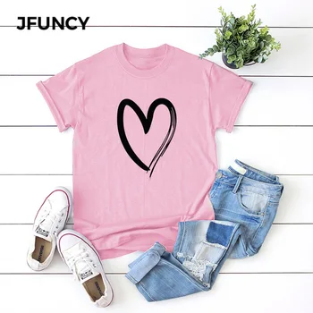 JFUNCY 2020 Lete Ženy Tričko Jednoduché Láska Vzor Žena Krátky Rukáv Harajuku T-shirt Femme Topy 5XL Plus Veľkosť Grafiky Tees