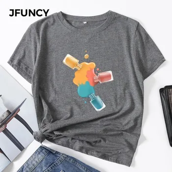 JFUNCY Plus Veľkosť Bavlna Lete Streetwear Módy Ženy Košele Nechty Tlač Tričko Multicolor Žena T-shirt Žena Topy