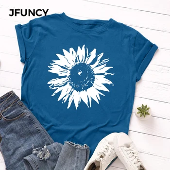 JFUNCY Plus Veľkosť S-5XL Ženy T-shirts Žena Krátke Sleeve Tee Topy kvetov Vytlačené Žena Bežné Tričko 2020 Letné Bavlnené Tričko