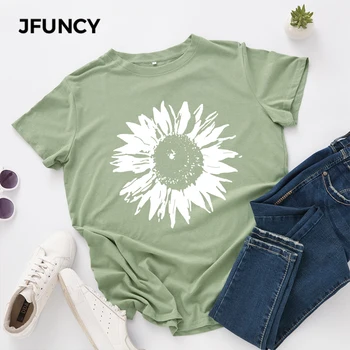JFUNCY Plus Veľkosť S-5XL Ženy T-shirts Žena Krátke Sleeve Tee Topy kvetov Vytlačené Žena Bežné Tričko 2020 Letné Bavlnené Tričko
