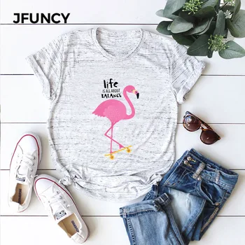 JFUNCY Plus Veľkosť Ženy Tričko Lady Bavlna T-shirts Žena Ružové Plameniaky Tlač Grafické Tees Ženy Harajuku Košele, Topy