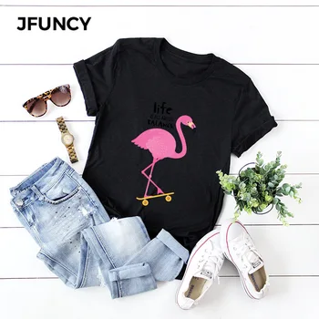 JFUNCY Plus Veľkosť Ženy Tričko Lady Bavlna T-shirts Žena Ružové Plameniaky Tlač Grafické Tees Ženy Harajuku Košele, Topy