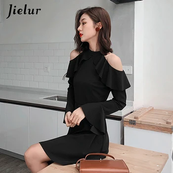 Jielur Duté Sexy Mimo Rameno Šaty Čierne S-XL kórejský Nové Jeseň Dlhý Rukáv Šaty pre Ženy Bežné Ulici Vestidos Mujer 2020