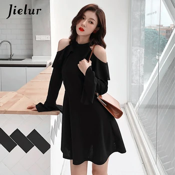 Jielur Duté Sexy Mimo Rameno Šaty Čierne S-XL kórejský Nové Jeseň Dlhý Rukáv Šaty pre Ženy Bežné Ulici Vestidos Mujer 2020