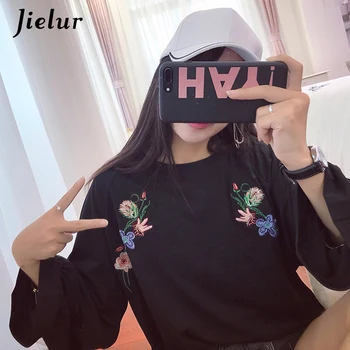 Jielur Nové Harajuku kórejských Žien T-shirts Bežné Plný Sleeve Tee Tričko 2020 Jeseň Jednoduché Kvetinové Výšivky T shirt Ženy S-XL