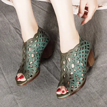 Johnature Ženy Sandále Retro Originálne Kožené Dámske Topánky 2020 Nové Letné Zip Šitie, Ručné Bežné Stručné Dámy Sandále