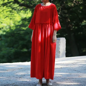 Johnature Ženy Vysoký Pás Šaty Vintage Bavlnená Posteľná Bielizeň Rúcha 2020 Jeseň Nový O-Krk Dlhý Rukáv Šaty Žena Jednofarebné Šaty