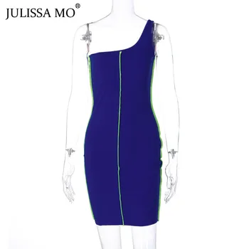 JULISSA MO Sexy Jeden z Ramenný Bodycon Šaty Jeseň Bavlna bez Rukávov Mini Šaty 2020 Ženy Patchwork Party Club Vestidos