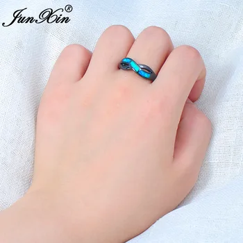 JUNXIN Blue Fire Opal Krúžok Muž Žena Infinity Krúžok Čierneho Zlata Plné Vintage Snubné Prstene Pre Mužov A Ženy, Módne Šperky