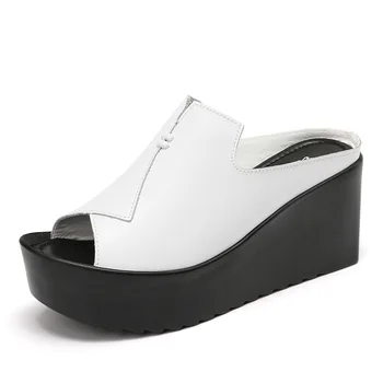 Jzzddown ženy Papuče ženy Platformu sandále, topánky žien pravá Koža Heel Típat Prst sandále, topánky dámske Luxusné flip-flops