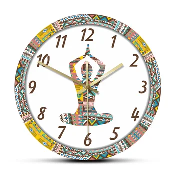 Jóga Žena s Etnických Dekoratívny Vzor Tichý Pohyb Nástenné Hodiny Mandala Meditácie Šport Veľké Akryl Stene Visí Hodinky