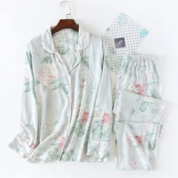 JÚL JE PIESEŇ Ženy Bavlnené Pyžamo Nastaviť Kvetinový Vytlačené 2 Kusy Sleepwear Jednoduché Mäkké Dlhé rukávy Ženy Jeseň Zimné oblečenie pre voľný čas