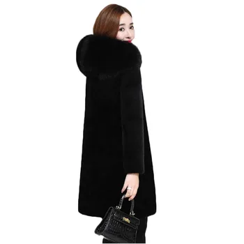 Kapucňou veľké kožušiny golier umelú kožušinu kabát žena dlhé zimné hrubé plyšové kabát ženy imitácia vody noriek black pulz veľkosť M-5xl d76
