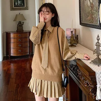 Kawaii Jeseň Kórejský Kockované Košele, Šitie Skladaný Šaty S Kravatu Vintage Farbou Pletené Vest Top Vyhovovali Jar Ženy Mini