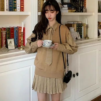 Kawaii Jeseň Kórejský Kockované Košele, Šitie Skladaný Šaty S Kravatu Vintage Farbou Pletené Vest Top Vyhovovali Jar Ženy Mini