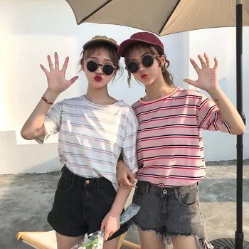 Kawaii, ružové a biele Pruhované Tričko Ženy College Street Dievčatá Bežné Vintage Tee top Ženská Móda Základné kórejský Camiseta Feminina