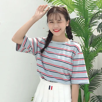 Kawaii, ružové a biele Pruhované Tričko Ženy College Street Dievčatá Bežné Vintage Tee top Ženská Móda Základné kórejský Camiseta Feminina