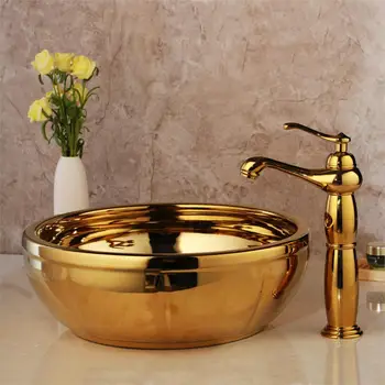 KEMAIDI Pevné Brass Povodí Kohútikov Sady Zlaté Luxusné Keramické Umývadlo Kúpeľňa Ťuknite na položku Umývadlo Umývadlo, Vaňa Kombinovať Mixér Zadarmo Mozgov