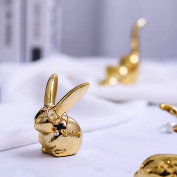 Keramické Roztomilý Gold White Rabbit Fox Porcelánové Figúrky Tabuľka Dievča, Darček Sochy, Šperky, Prstene Rack Skladovanie Displej Pokovovanie Glazúra