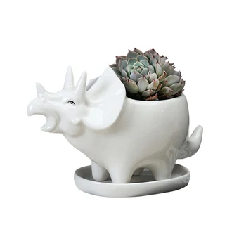Keramický Kvetináč Triceratops Dizajn Šťavnaté Hrniec S Táckou Ploche Dinosaura Kvetináče Kvetináč Domov Záhradné Dekorácie #