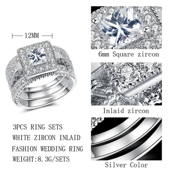 Kinel 3 Ks/Nastaví Módy Veľký 6 mm Štvorcový Zirkón Nevesta Svadobný Prsteň Súpravy Micro Spevnené CZ Prstene Pre Ženy Klasické Bulharsko Šperky