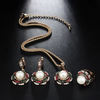 Kinel 3ks Ročníka, Imitácie Perál Šperky Sady Pre Ženy Antique Gold Crystal Svadobný Náhrdelník Náušnice, Prsteň turecký Šperky