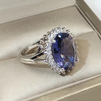 Klasické Modré Veľké Kamenné Princezná Rez Gold Crystal Krúžok Žien Zapojenie Narodeniny Darček Šperky, Luxusné 925 Strieborný Prsteň