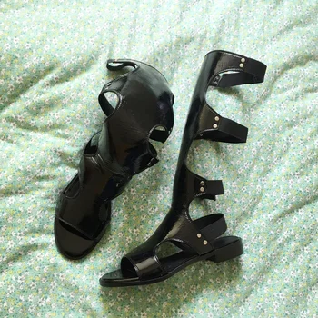 Klasický dizajn a módne gladiator letné sandále ženy kolená vysoké topánky dámske sexy cut-outs čierne čižmy kožené šaty, topánky žena