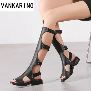 Klasický dizajn a módne gladiator letné sandále ženy kolená vysoké topánky dámske sexy cut-outs čierne čižmy kožené šaty, topánky žena