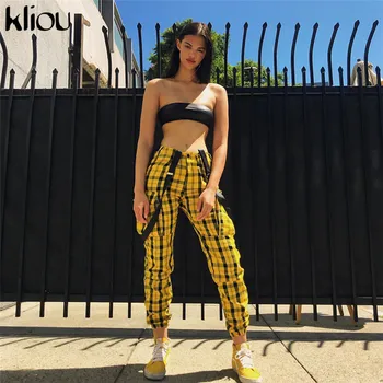 Kliou 2018 nové žlté kockované nohavice nohavice ženy fashion street vysoký pás zips nastaviteľný popruh žena cvičenie nohavice