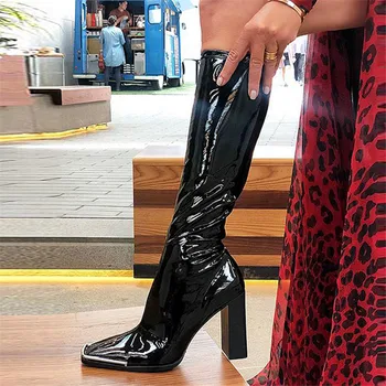 Kovové Dekor Štvorcové Prst Ženy Dlhé Topánky Elastický Patent Kožené Kolená Vysoké Boot 9 CM Robustný Vysokým Podpätkom Botas Mujer