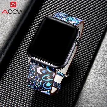 Kožené Watchband pre Apple Hodinky 38mm 42mm 40 mm 44 mm Kvet Popruh kvetovanou Potlačou Národných Štýl Band Náramok pre iwatch 1 2 3 4