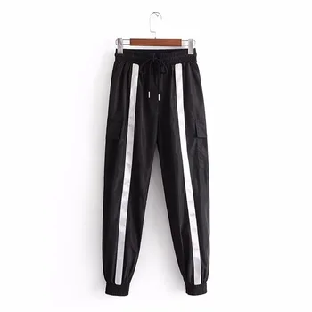 Kpop Ross 2021 streetwear voľné prekladané hárem nohavice ženy vysoký pás bežné reflexné pásky sťahovacie sweatpants