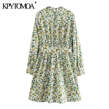 KPYTOMOA Ženy 2020 Elegantný Módy Kvetinový Tlač Skladaný Mini Šaty Vintage O Krk Dlhý Rukáv Ženské Šaty Vestidos Mujer