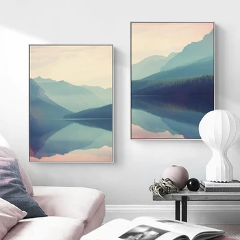 Krajina Plagát Blue Mountain Lake Ružová Obloha Vody Odraz Plátne Obrazy Domáce Dekorácie Steny V Obývacej Izbe Umenie Fotografie