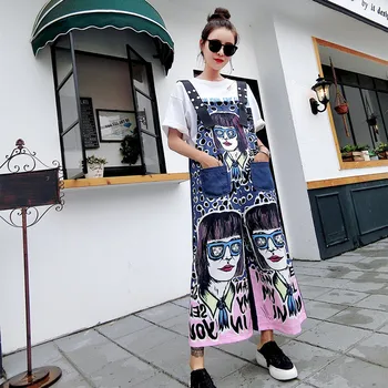 Kreslený film avatar Kombinézu lete streetwear vrecku denim Playsuits nadrozmerné voľné hip hop jumpsuit ženy bavlna bez rukávov Romper