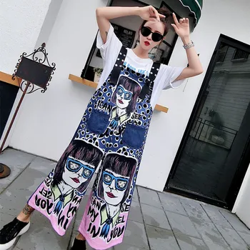 Kreslený film avatar Kombinézu lete streetwear vrecku denim Playsuits nadrozmerné voľné hip hop jumpsuit ženy bavlna bez rukávov Romper