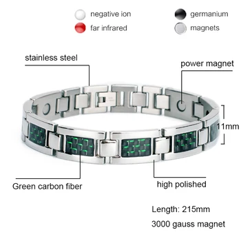 Krvný Tlak Magnetická Spona Náramku Energie Zdravotnej Starostlivosti Nehrdzavejúcej Ocele, Náramky Náramok Zelený Uhlíkových Vlákien Strieborná Farba